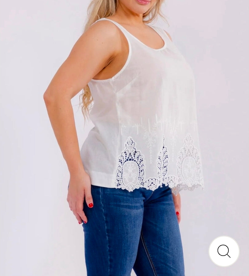 PLUS SIZE SLEEVELESS CROCHET BACK BUTTON UP TANK TOP
WHITE