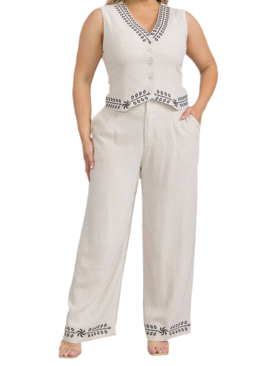 Plus Size Women Vest and Pants Linen Set: Beige / 2XL-2XXL-2XXXL