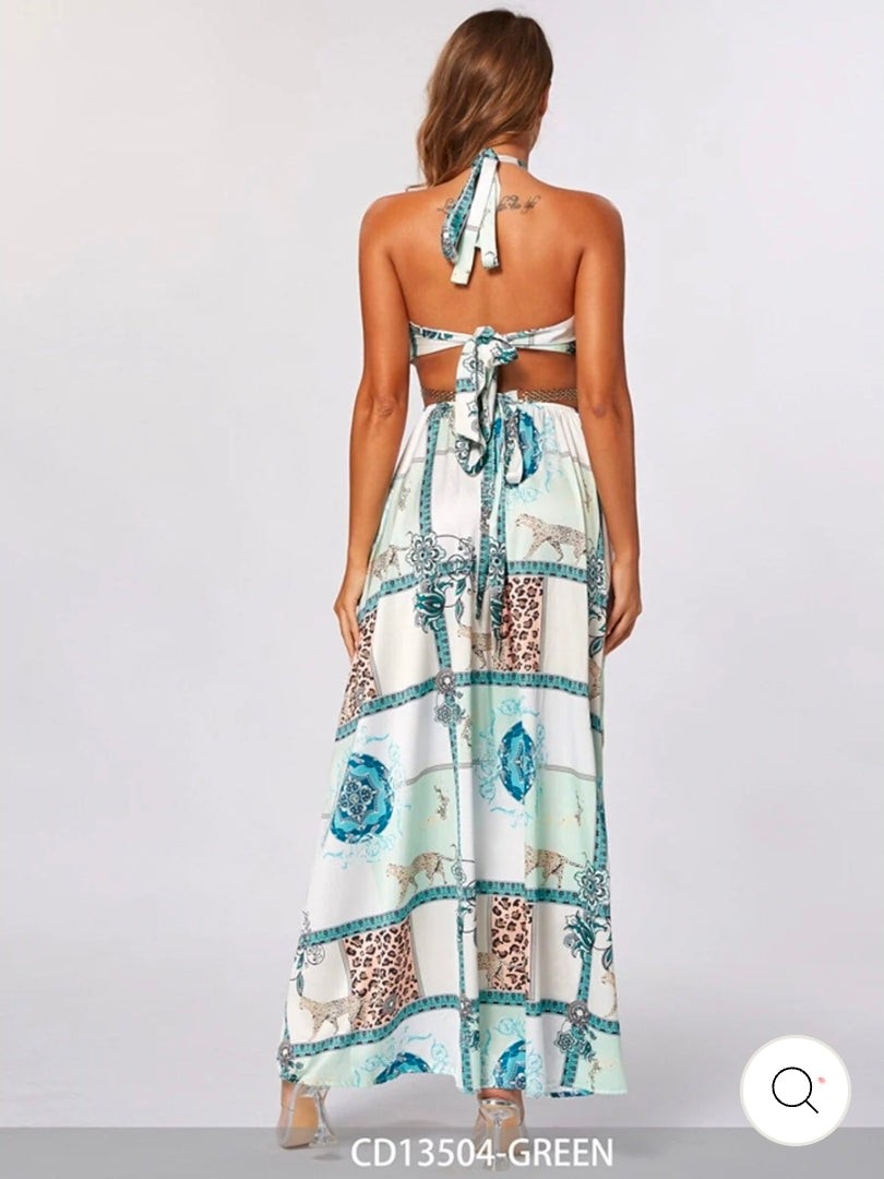 WOMEN'S SLEEVELESS V-NECK CUT OUT MULTI PRINT MAXI DRESS