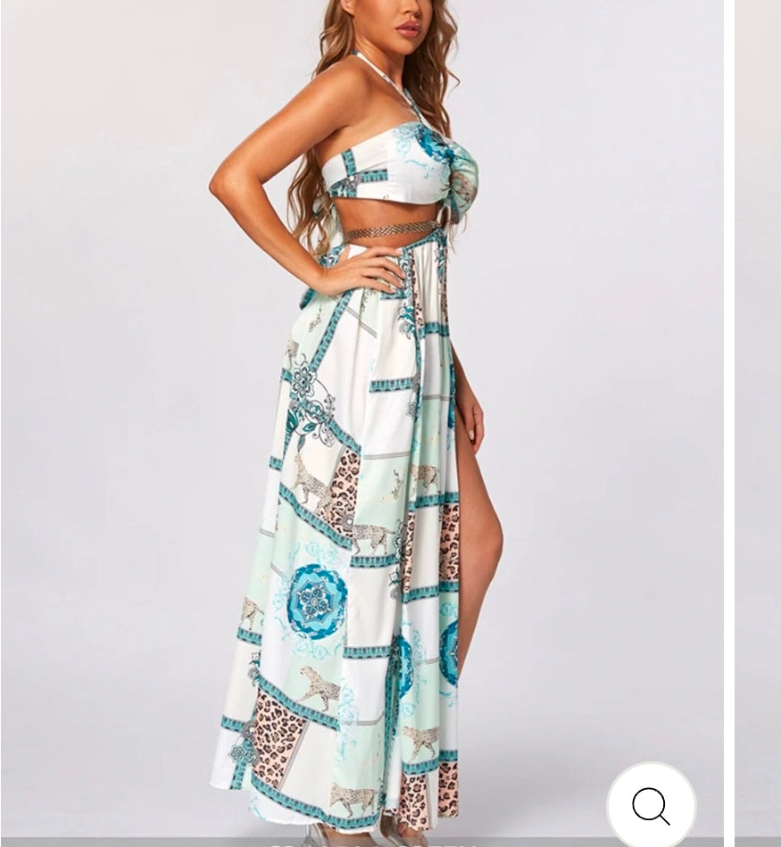 WOMEN'S SLEEVELESS V-NECK CUT OUT MULTI PRINT MAXI DRESS