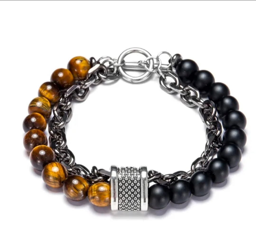 Men's Punk Style Jewelry Beaded Bracelet with Artificial Tiger Eye Stones, Casual Style Leather Ot Clasp, Perfect for Daily Wear & Gifts, Exquisite Bracelet
