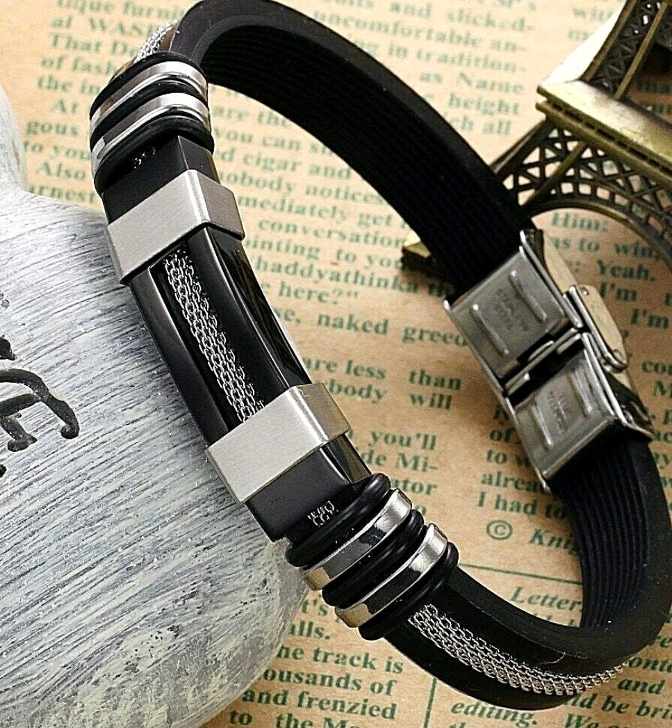 Stainless Steel Black Silicone Fashion Bangle - Trend Accessory Bracelet For Men