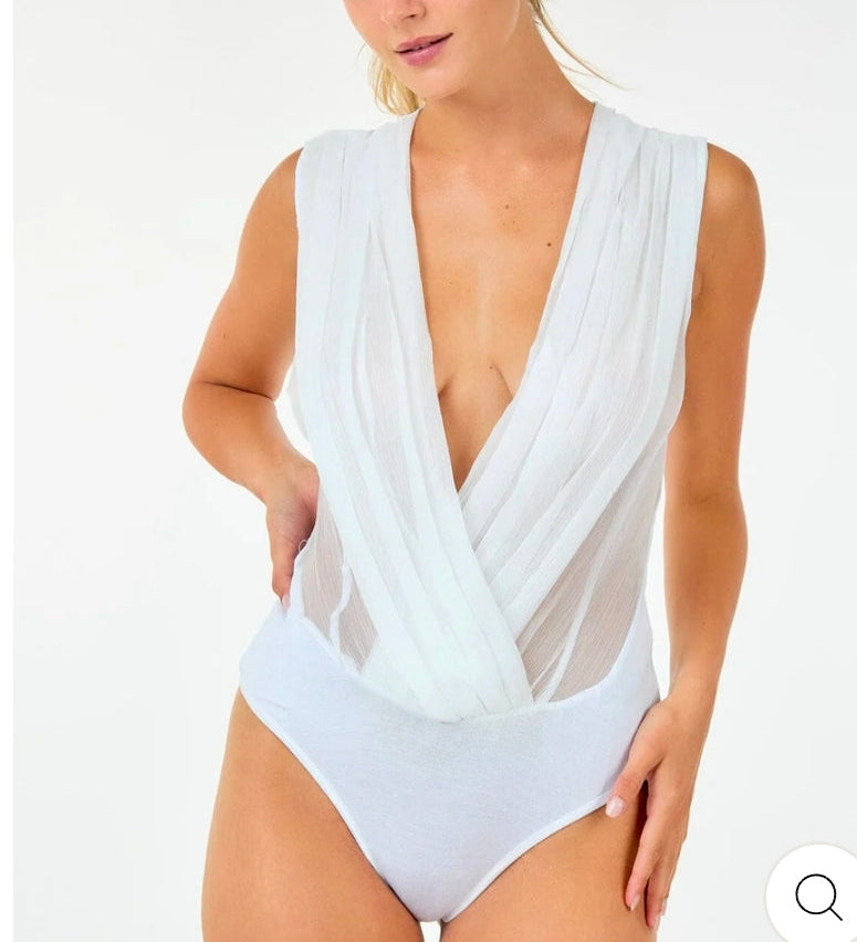 WOMEN'S SLEEVELESS V-NECK MESH SURPLICE BODYSUIT