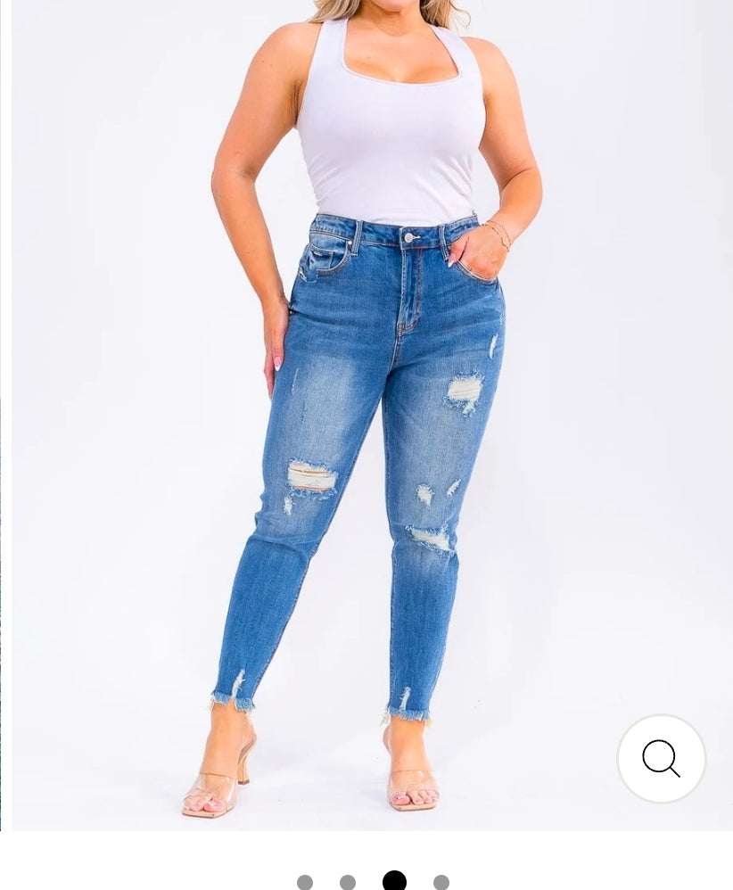 PLUS SIZE BUTTON CLOSURE POCKETS WASHED DENIM SKINNY DISTRESS STRETCH PANTS