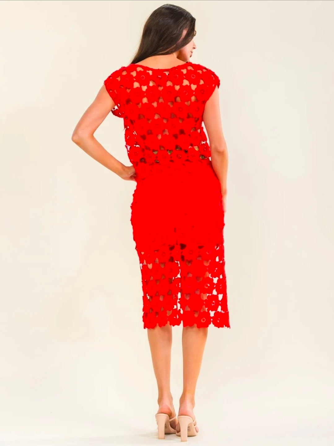 Red Lace Three-piece Crop Top and Midi Skirt