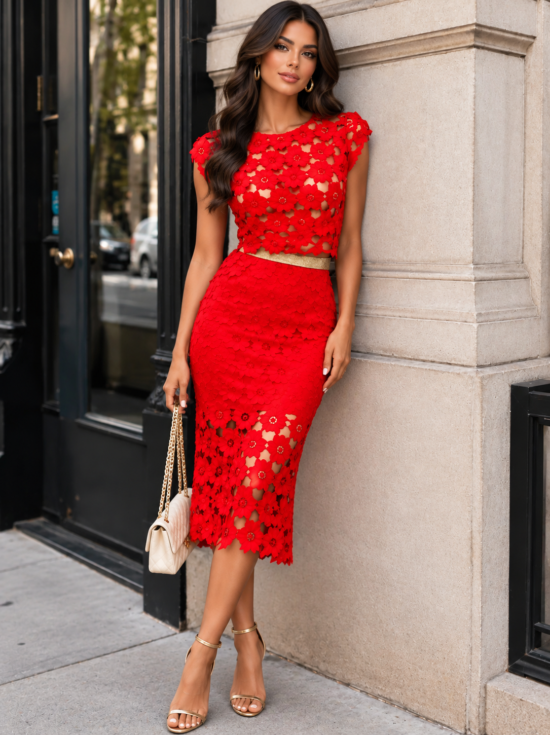 Red Lace Three-piece Crop Top and Midi Skirt