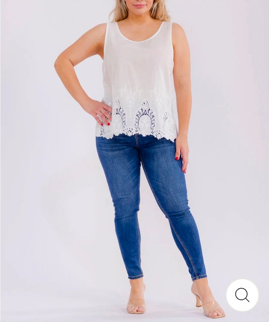 PLUS SIZE SLEEVELESS CROCHET BACK BUTTON UP TANK TOP
WHITE