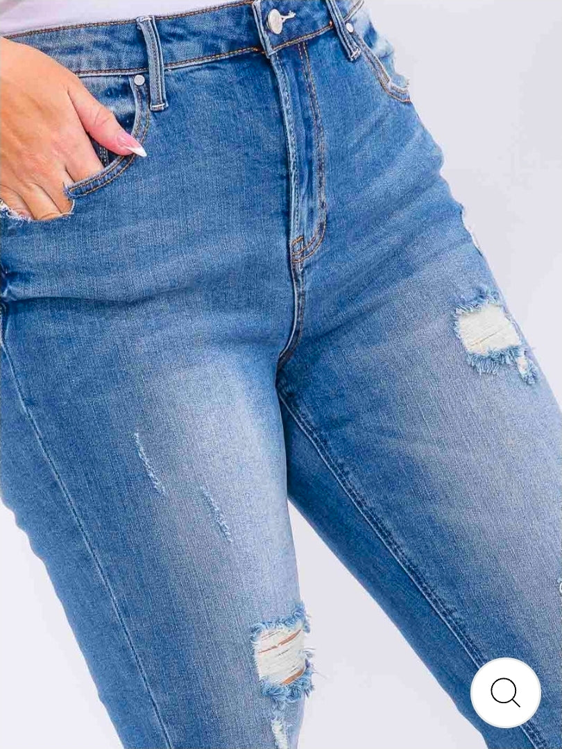 PLUS SIZE BUTTON CLOSURE POCKETS WASHED DENIM SKINNY DISTRESS STRETCH PANTS