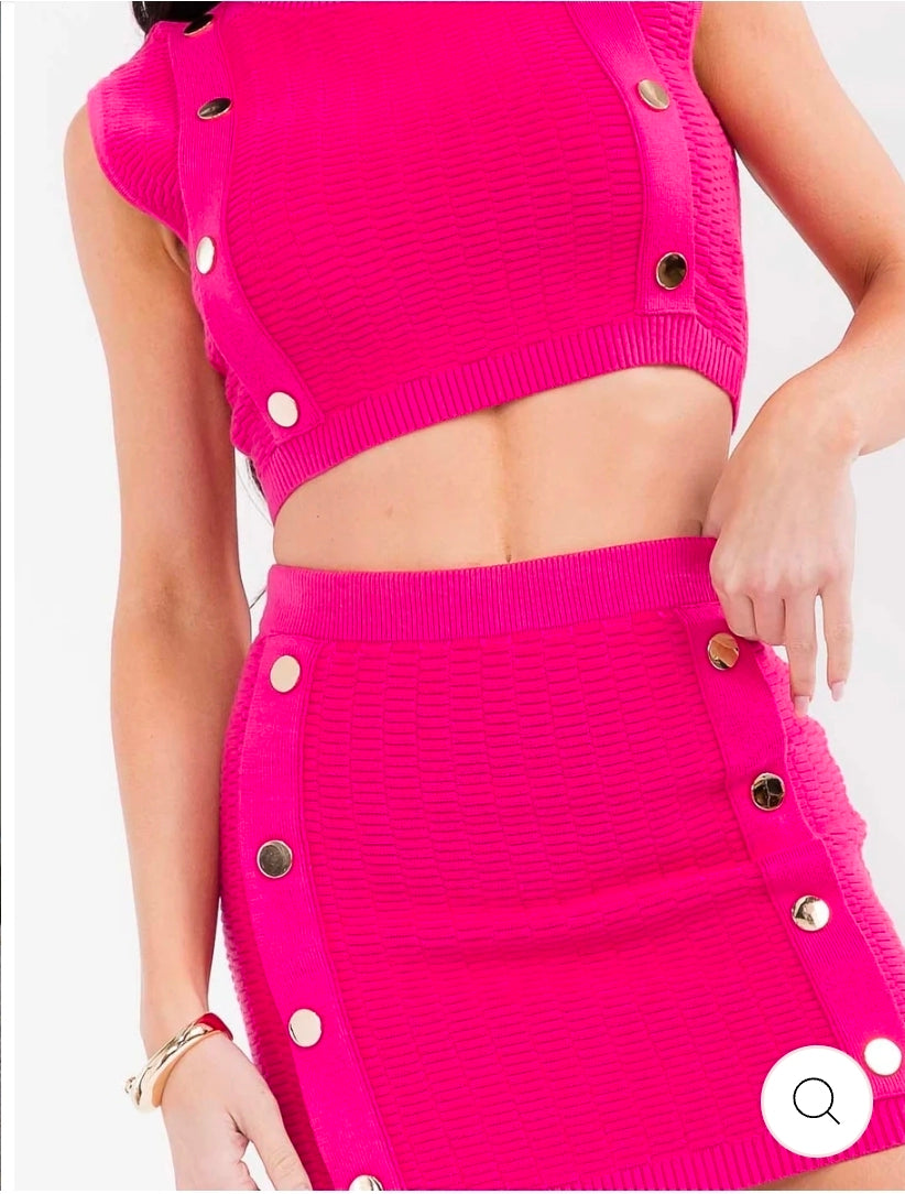 Pink Flirt. WOMEN'S SLEEVELESS TOP & ELASTIC WAIST MINI SKIRT BUTTON KNIT 2PC. SET