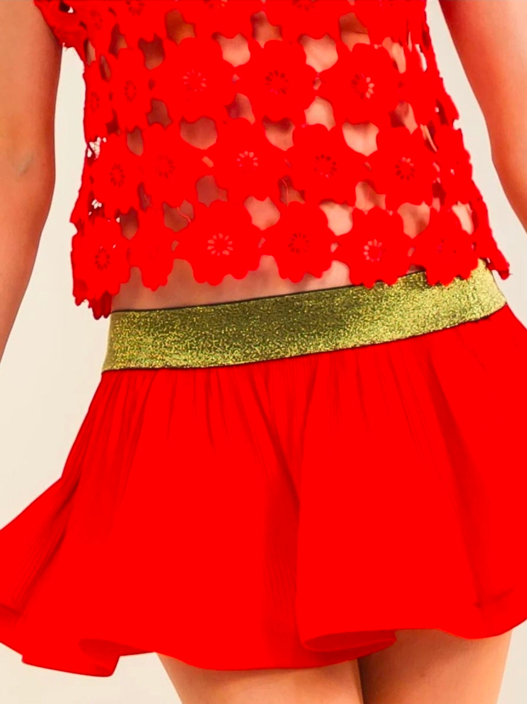 Red Lace Three-piece Crop Top and Midi Skirt