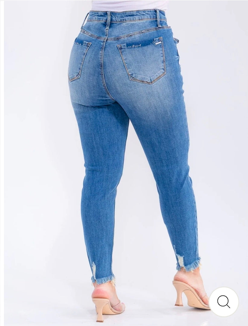 PLUS SIZE BUTTON CLOSURE POCKETS WASHED DENIM SKINNY DISTRESS STRETCH PANTS